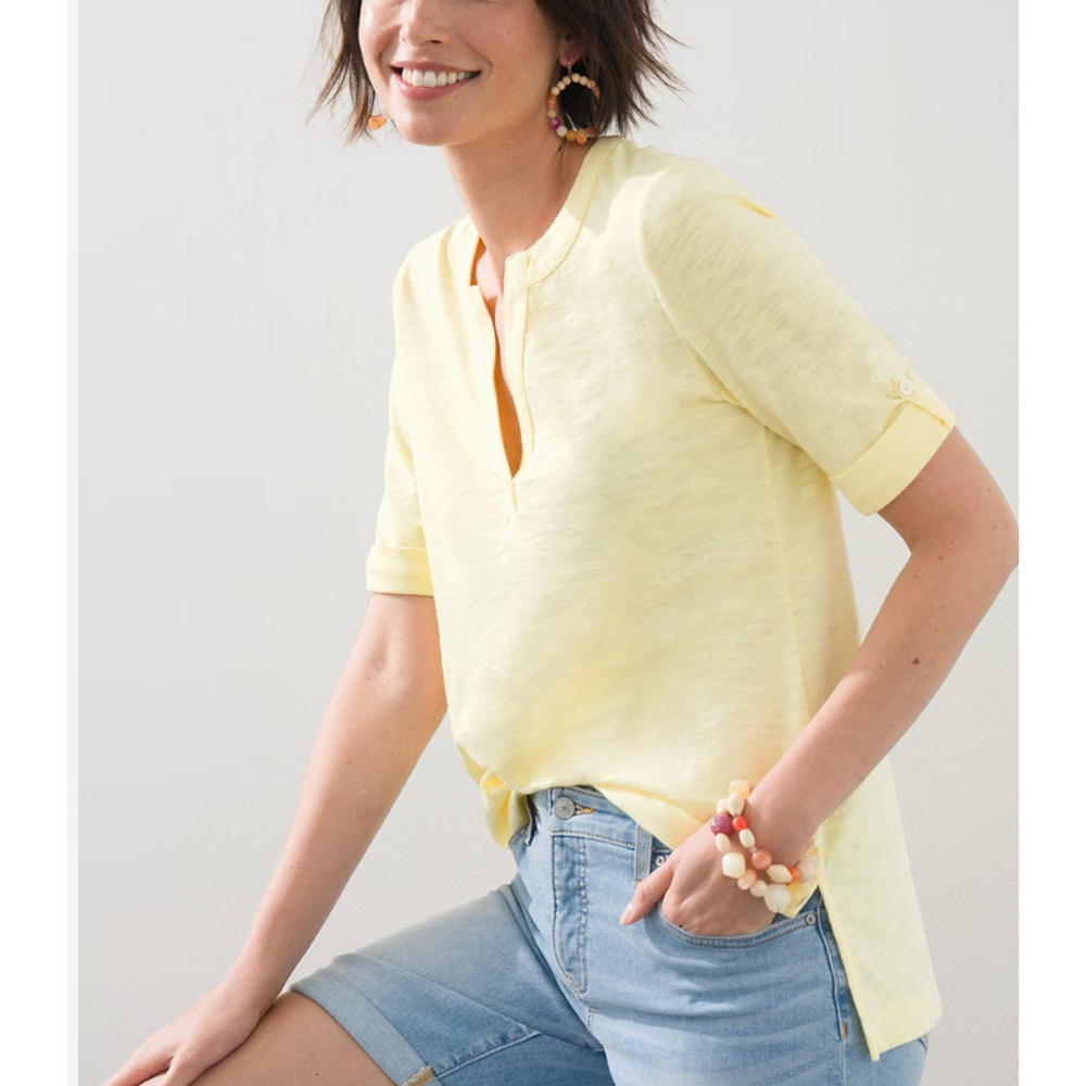 Chico's Women's Notch Neck Elbow Sleeve Tunic Yellow Cotton Blend Top Size 1 (M)
